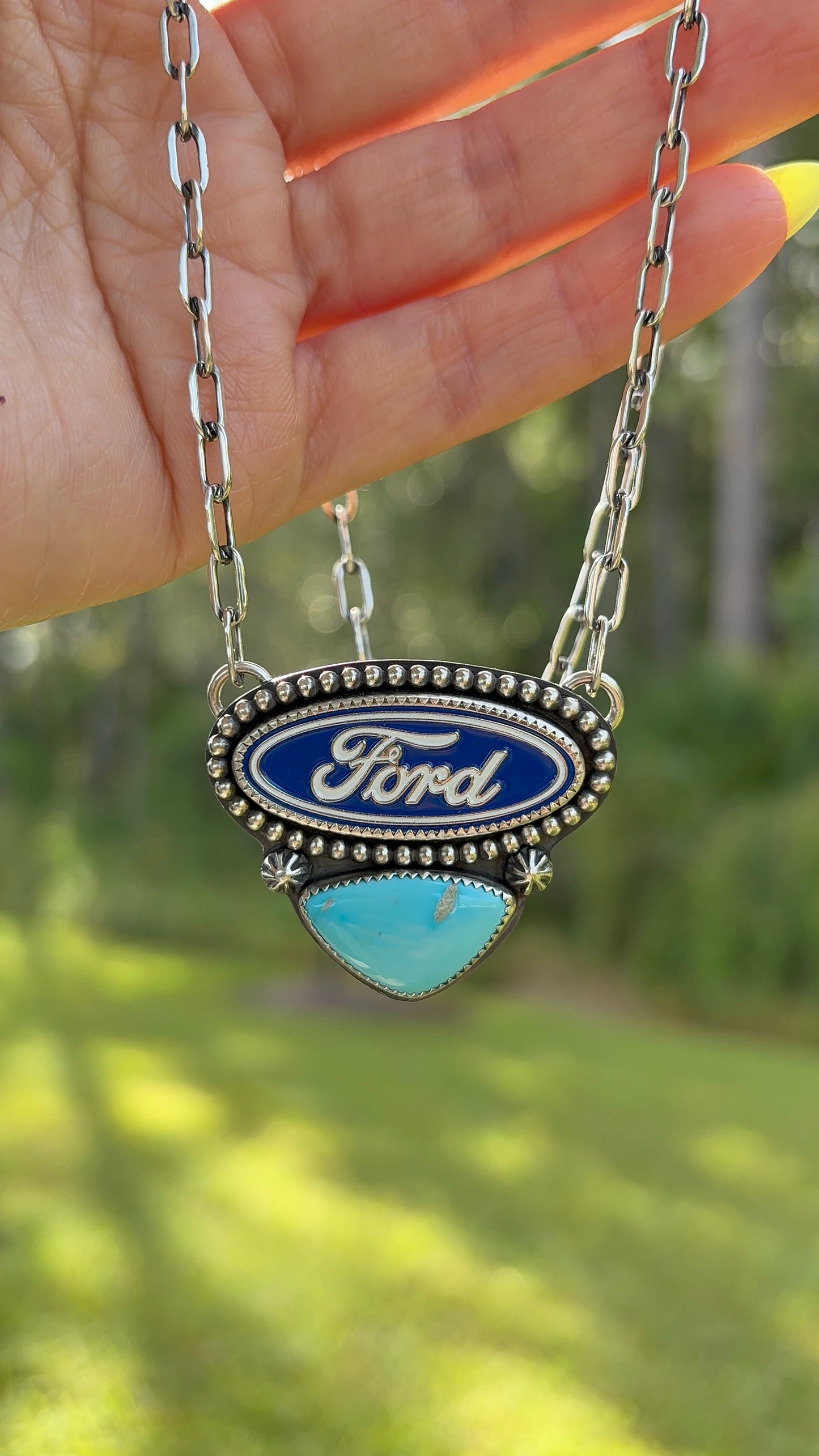 Blue Ford Pin & Turquoise Necklace