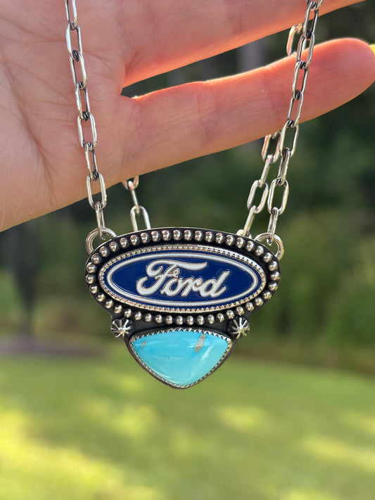 Blue Ford Pin & Turquoise Necklace