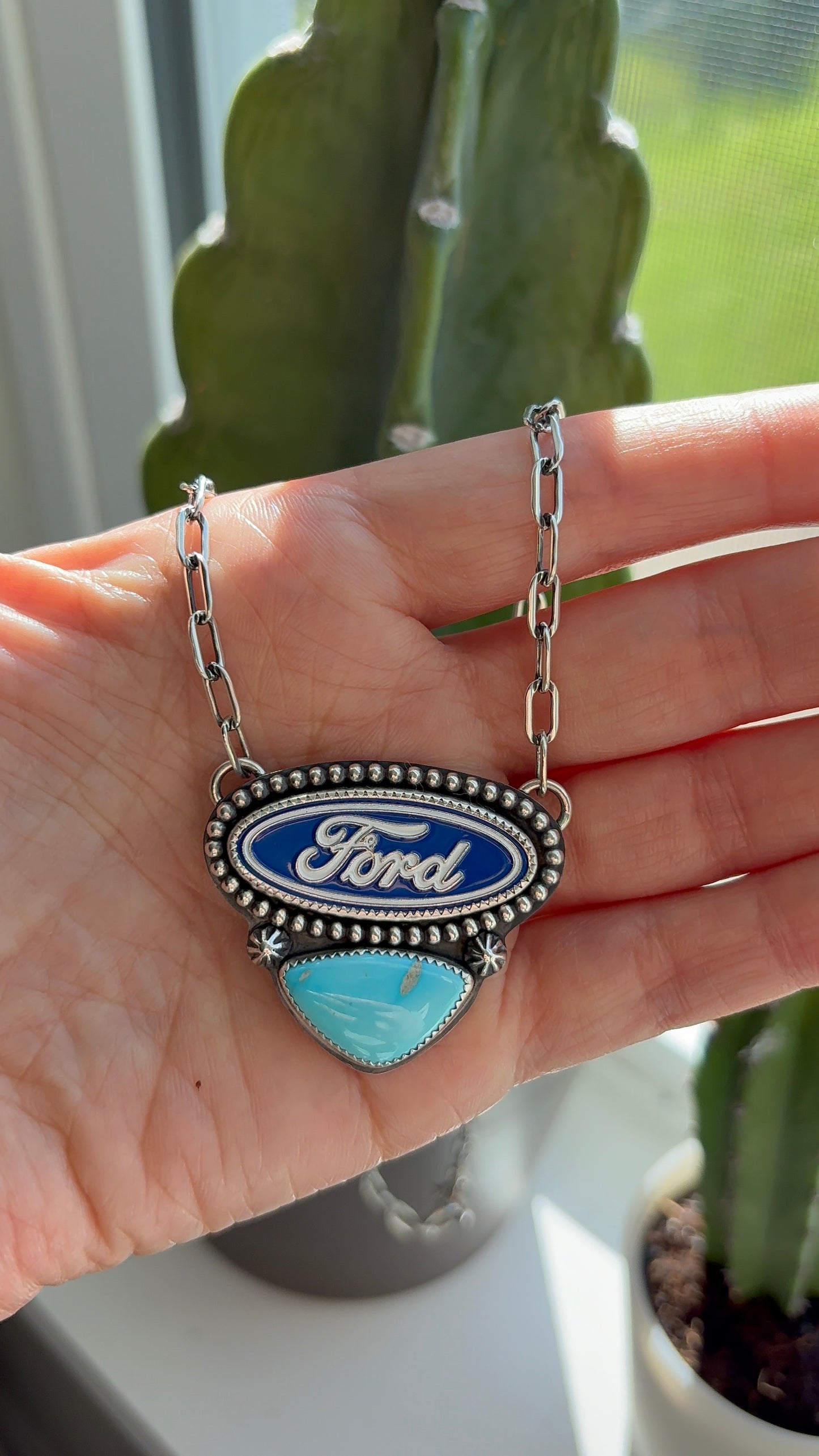 Blue Ford Pin & Turquoise Necklace